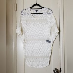 RAFAELLA white sheer stretch lace swim coverup blouse L